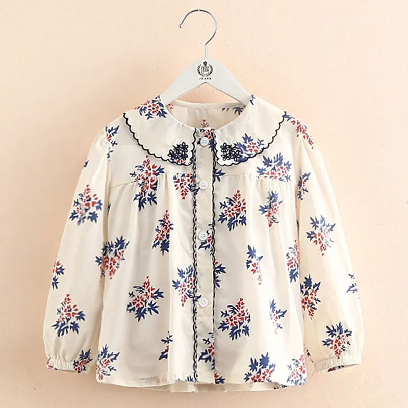 2024 New Spring Autumn 2 3 4 6 8 10 12 Years Children Cotton Floral Long Sleeve Tops Kids Baby Girl Peterpan Collar Blouse Shirt