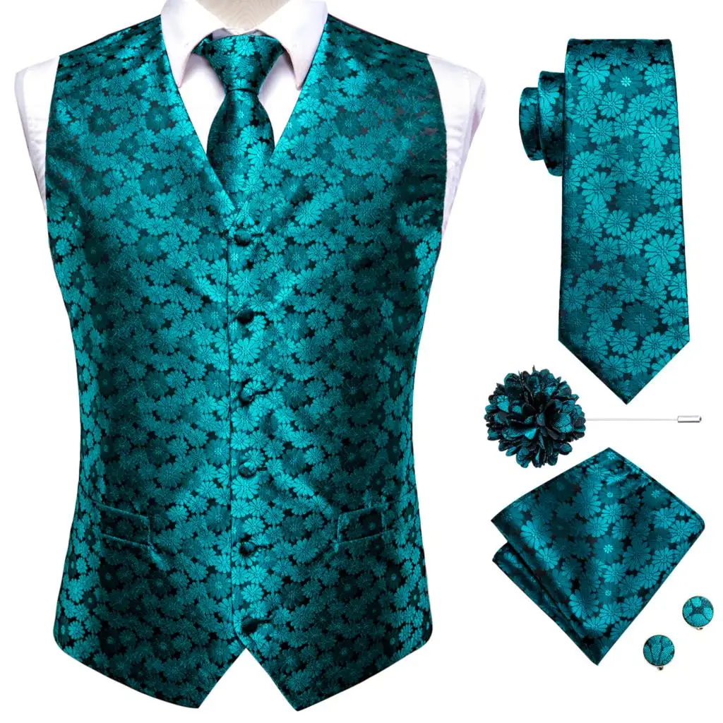 Hi-Tie High Quality Silk Mens Vests Teal Floral Jacquard Waistcoat Tie Hanky Cufflinks Brooch Set for Men Suit Wedding Office XL