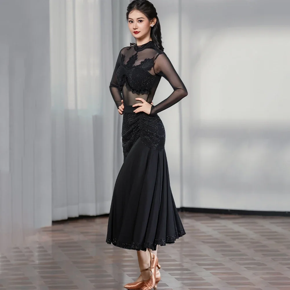 Vestido de competición estándar de manga larga, camisa, práctica de baile de salón, malla, escenario, vals negro, vestido de media longitud para salón de baile
