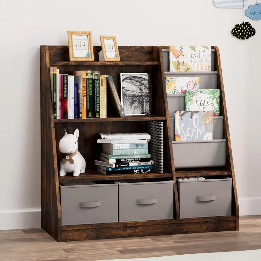 Rustic Bookshelf Wood Montessori Toy Storage Organizer Cabinet Shelf with 3 Cube Bins and Fabric Drawers for Playroom Bedroom N
