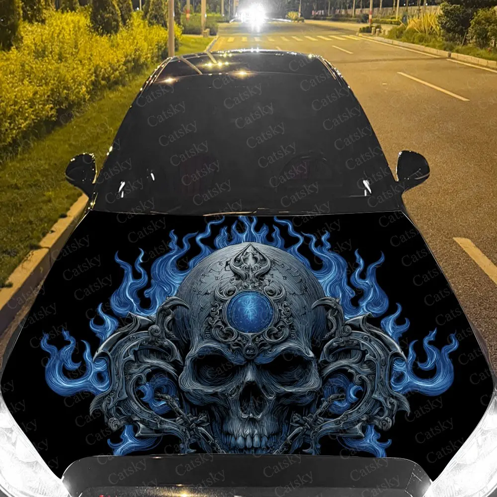 

Car Decal Skull with Blue Flame Artistic Fusion in Multi-Layered Ornamental Design, Creating a Bold and Dramatic Visual Car Hood