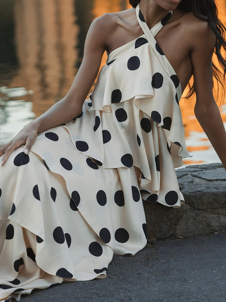 Sexy halter sem mangas em camadas bolo vestido elegante sem costas polka dot print vestido longo verão moda feminina oco vestidos de festa