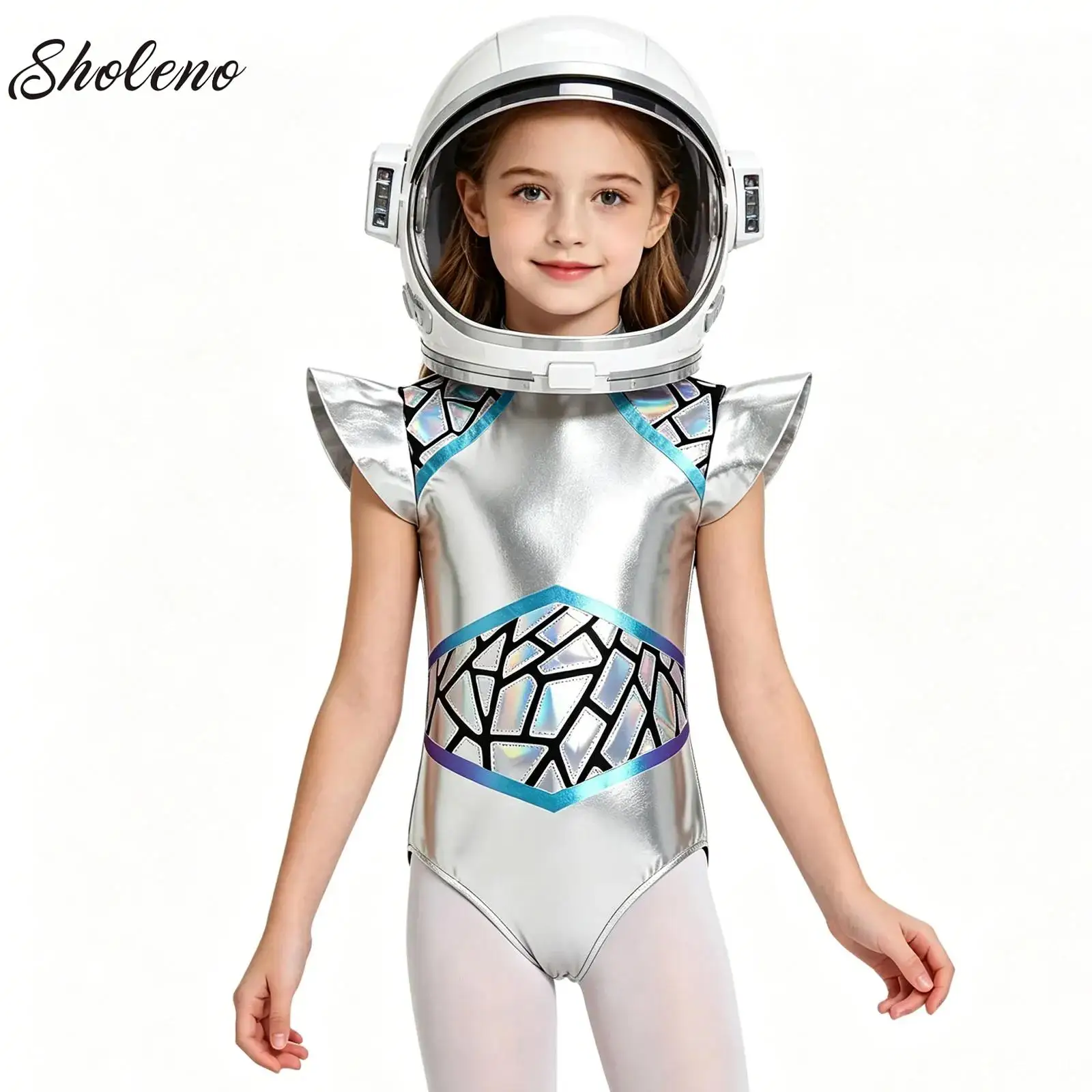 Girls Shiny Alien Outerspace Halloween Cosplay Costume Gradient Sequin Fly Sleeve Back Zip Bodysuit for Future World Party