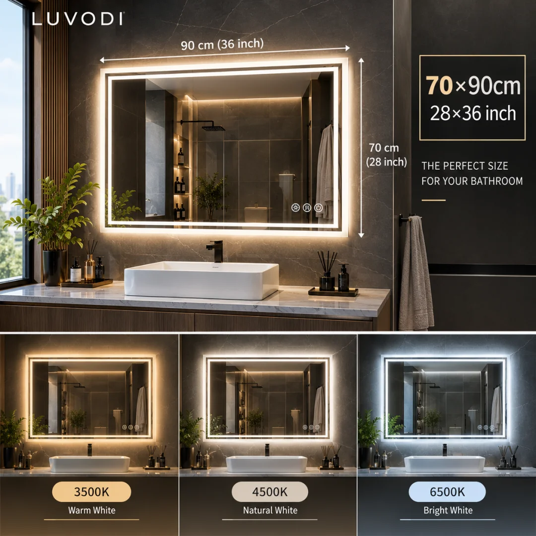 LUVODI LED Bathroom Mirror, Frameless Backlit Vanity Mirror, Dimmable 3-Color Light, Anti-Fog, Touch Sensor 4