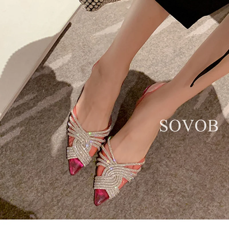 New Summer Pvc Transparent Rhinestone Decoration Thin High Heel Women's Pointed Toe Back Strap Sandals Sexy Party Banquet Shoes