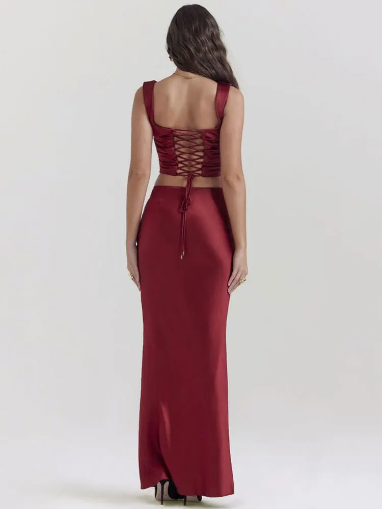 Sexy Women Wine Red Satin Long Skirt Set with Sleeveless Slim Fit Drawstring Short Shaped Top and High Waist Skirt Two Piece Set