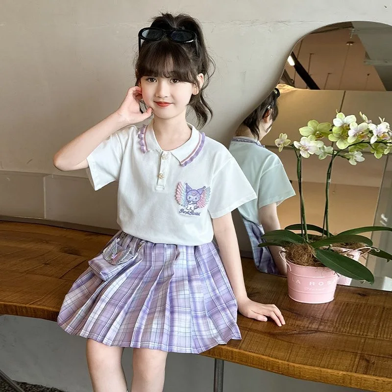Sanrios Kawaii Kuromi الفتيات تنورة Jk مجموعة أنيمي الصيف الكرتون أزياء التلبيب بولو قصيرة الأكمام مطوي تنورة نمط الكلية مجموعة