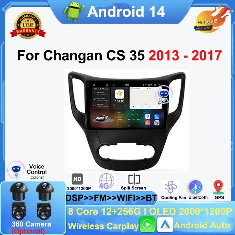 

9" Android 14 Wireless Carplay Auto Car Radio For Changan CS35 2013 - 2017 Multimedia Video Player Navi GPS DSP Stereo No 2din
