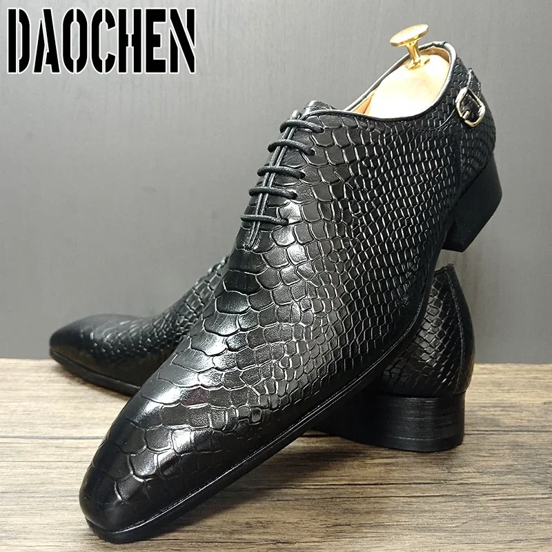 Luxury Men\'s Oxford Shoes Black Brown Snake Skin Print Casual Dress Man Shoes Lace Up Pointed Toe Leather Shoes For Men