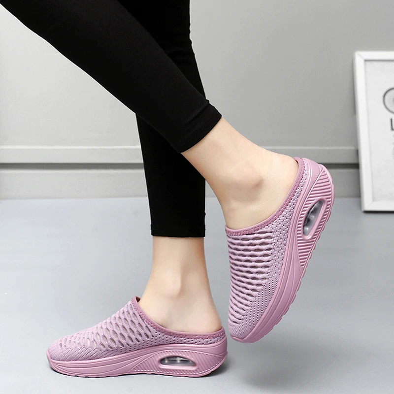 Ladies' Slippers Summer Breathable Casual Shoes Anti Slip Lightweight EVA Height Increasing Mesh Loafers Platform Flats Women
