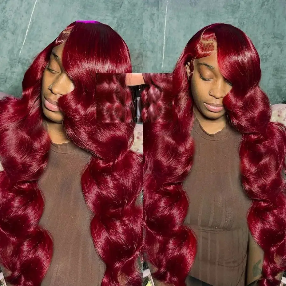 Peruca frontal de renda transparente para mulheres, cabelo humano, onda corporal, bordô, vermelho, brasileiro, 99J, 13x4, 13x6