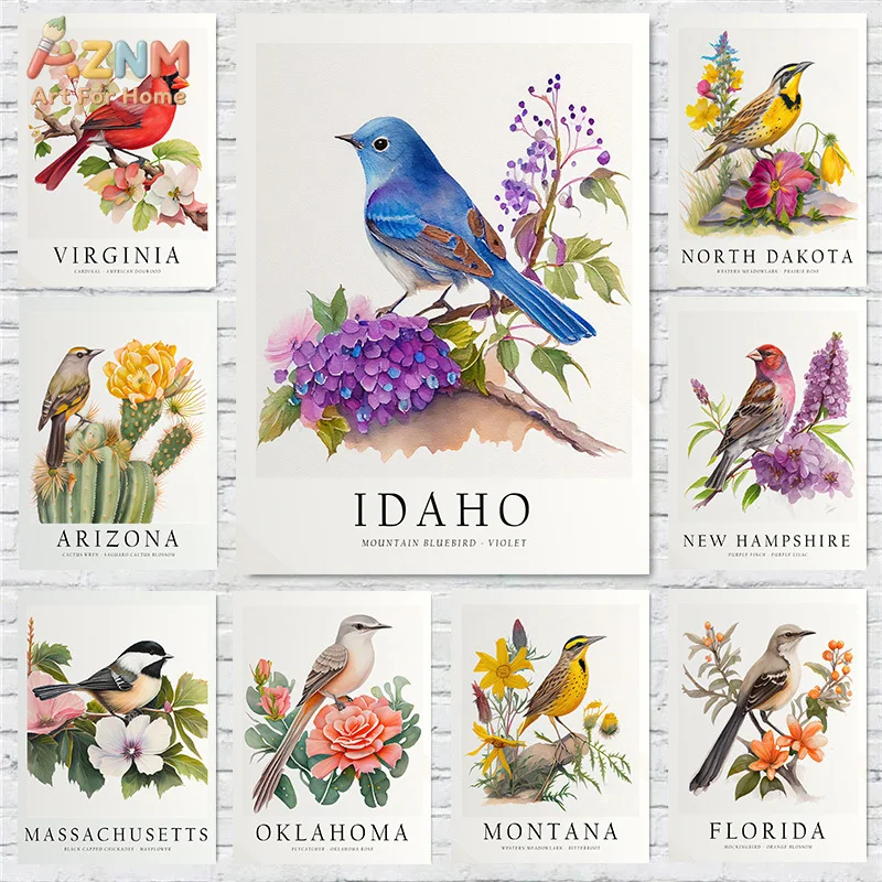 AZNM Watercolor US State Bird And Flower Canvas Wall Art American State Symbol Floral Bird Illustration Vintage Home Decor Unfra
