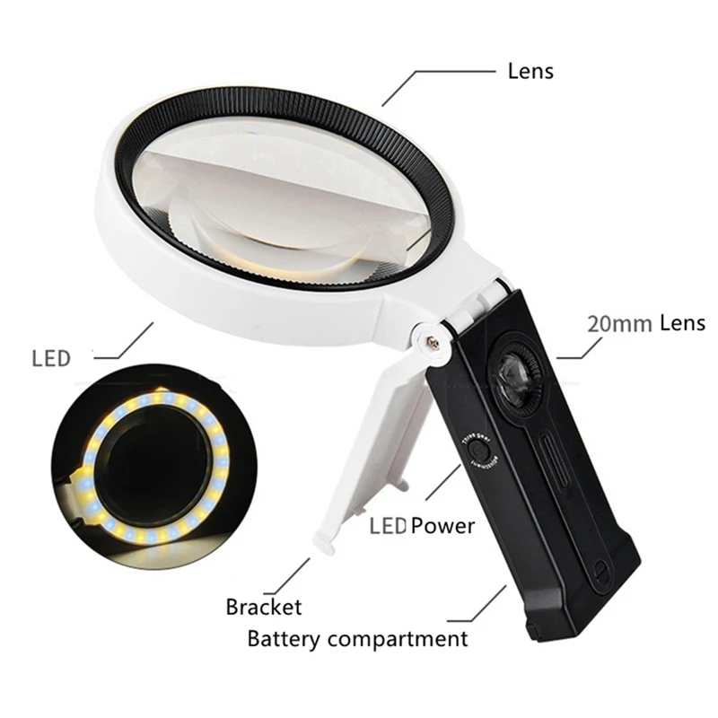 ABAE-10X มือถือพับแว่นขยายแบบพกพา Illuminated เครื่องประดับแว่นขยาย 37 LED Light