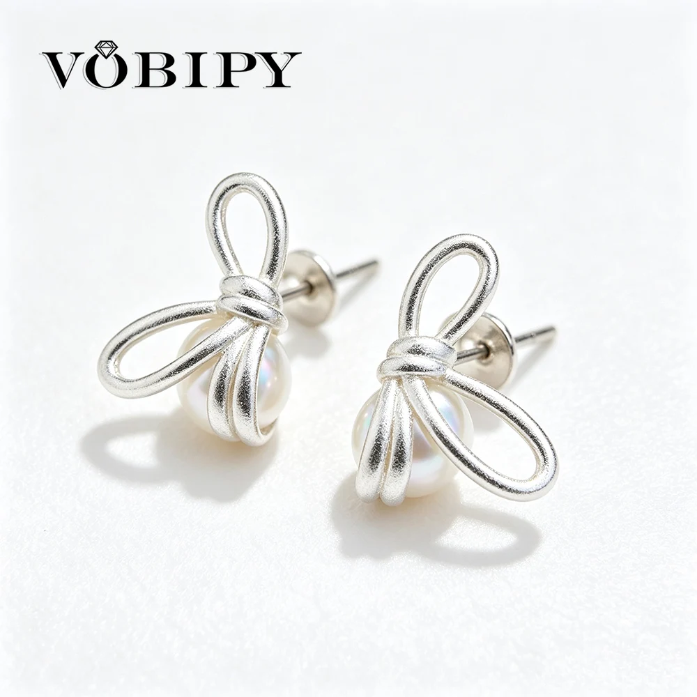 VOBIPY Natural Freshwater Pearl Bow Knot Earrings For Women 925 Silver Stud Earring Elegant Luxury Fine Engagement Jewelry Gifts