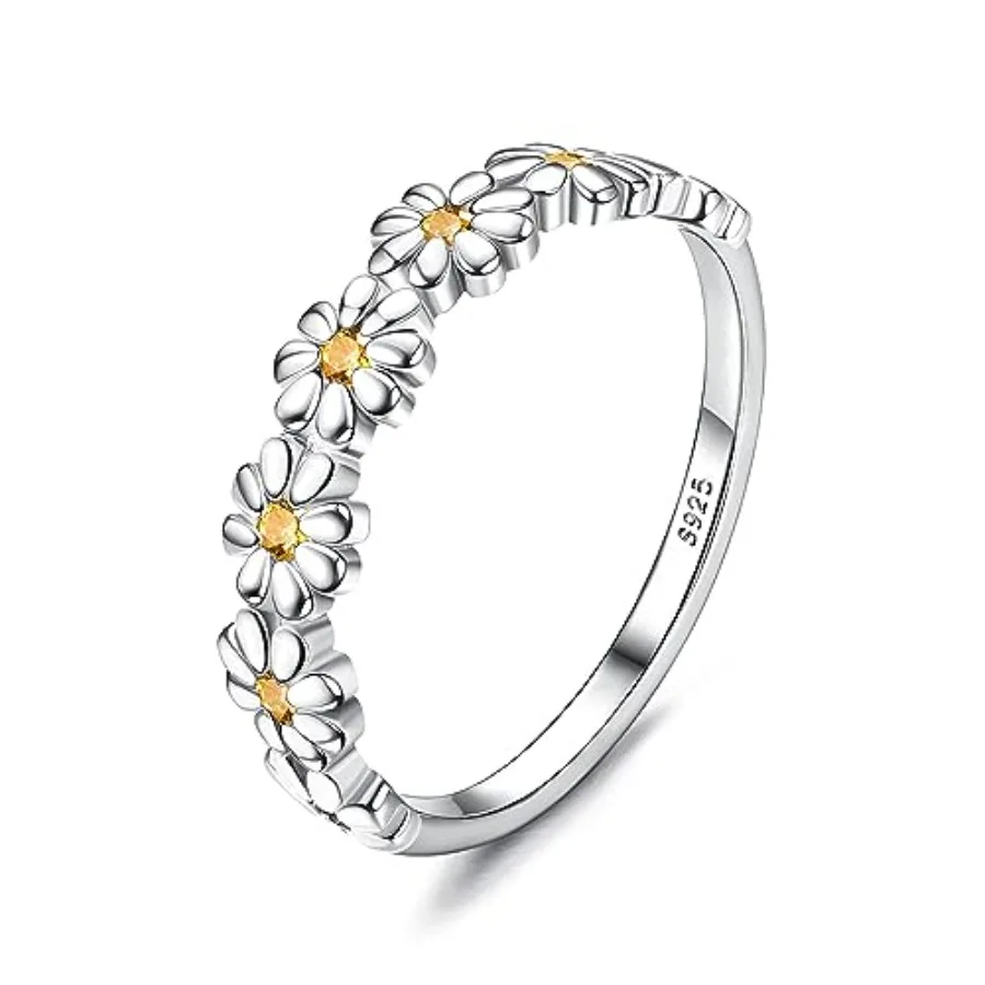 

MILACOLATO 925 Sterling Silver Ring for Women, Plated Cubic Zirconia Daisy Flower Promise Rings for Her, Sunflower Stacking Sta