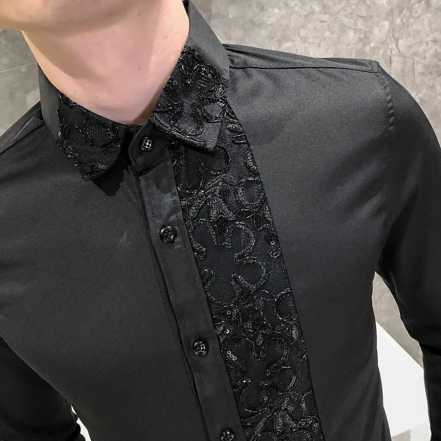 Sequin Wedding Dress Shirt Korean Men Clothes 4xl Black White Mens Lace Shirt Long Sleeve Slim Fit Social Dress Shirt