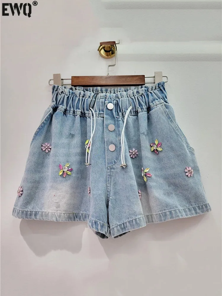 

[EWQ] Beautiful Handmade Colorful Diamond Studded Beads High Waist Wide Leg Denim Shorts Women's Pant 2024 Spring Summer 16U9050