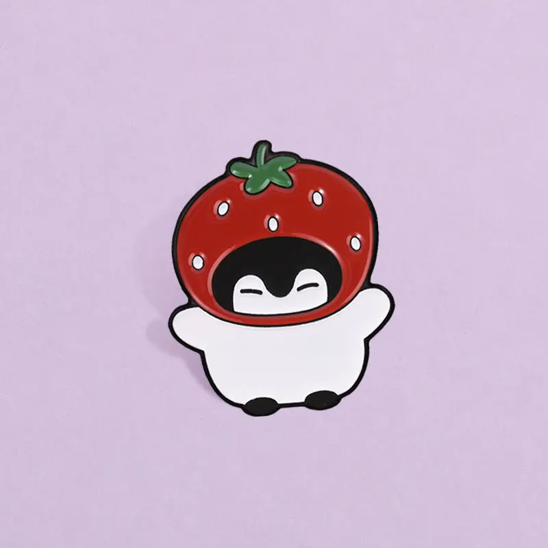 Cute Strawberry Hat Penguin Brooch Cartoon Animal Metal Badge Leisure Commuting Pins DIY Clothing Bags Hat Scarf Jeans Accessory
