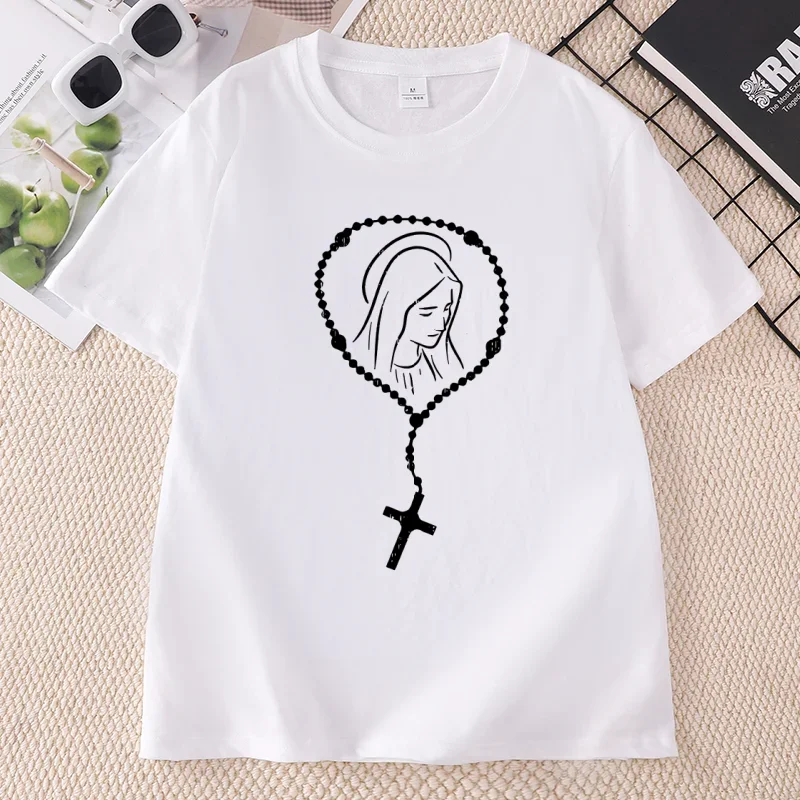 Virgin Mary God Jesus Faith Religious Catholic T-Shirt Women Print  Short Sleeve Round Neck T Shirt Casual Top Woman