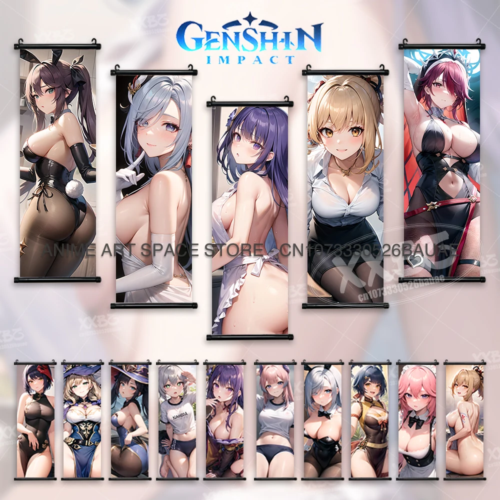 Genshin Impact Hanging Painting Game Girl Wall Artwork Kaedehara Kazuha Scrolls Pictures Kamizato Ayato Posters Ganyu Home Decor