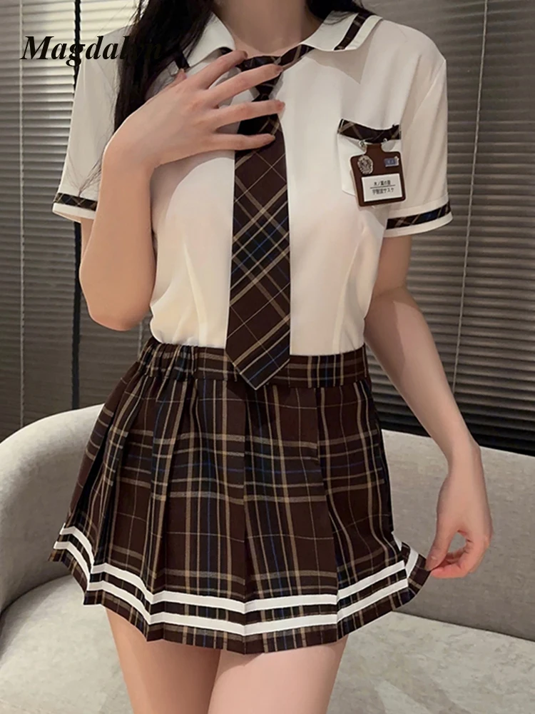 Magdalyn Frauen adrette Stil Plaid Rock passt Mode Japan Kurzarm Shirt eine Linie Falten rock jk Uniform Cosplay Kostüm