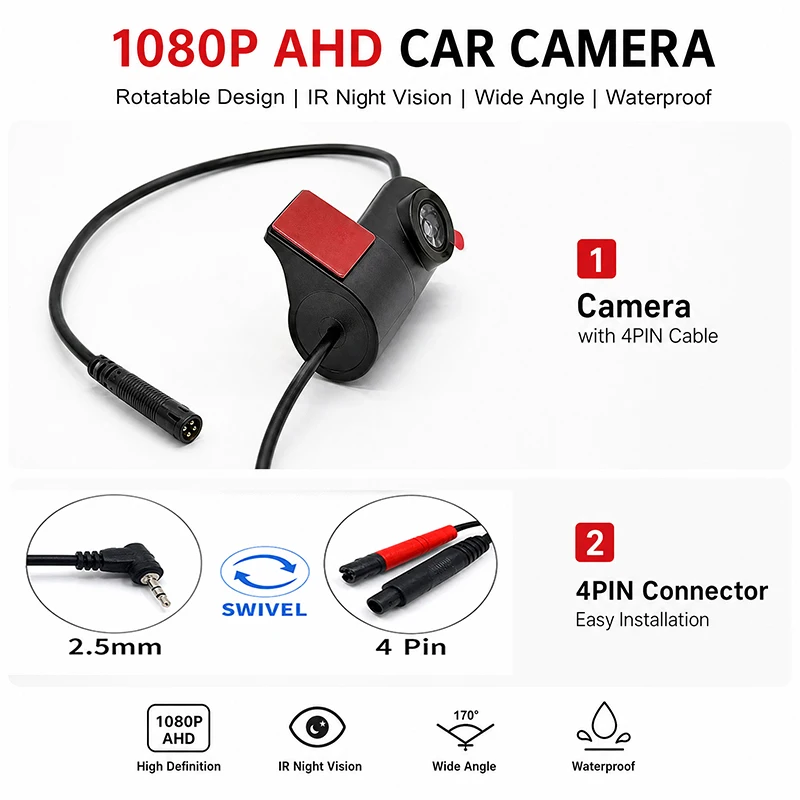 Car rear camera 1080P rear camera, 170-degree wide-angle HD recording. The fuselage is light and supports flexible installation
