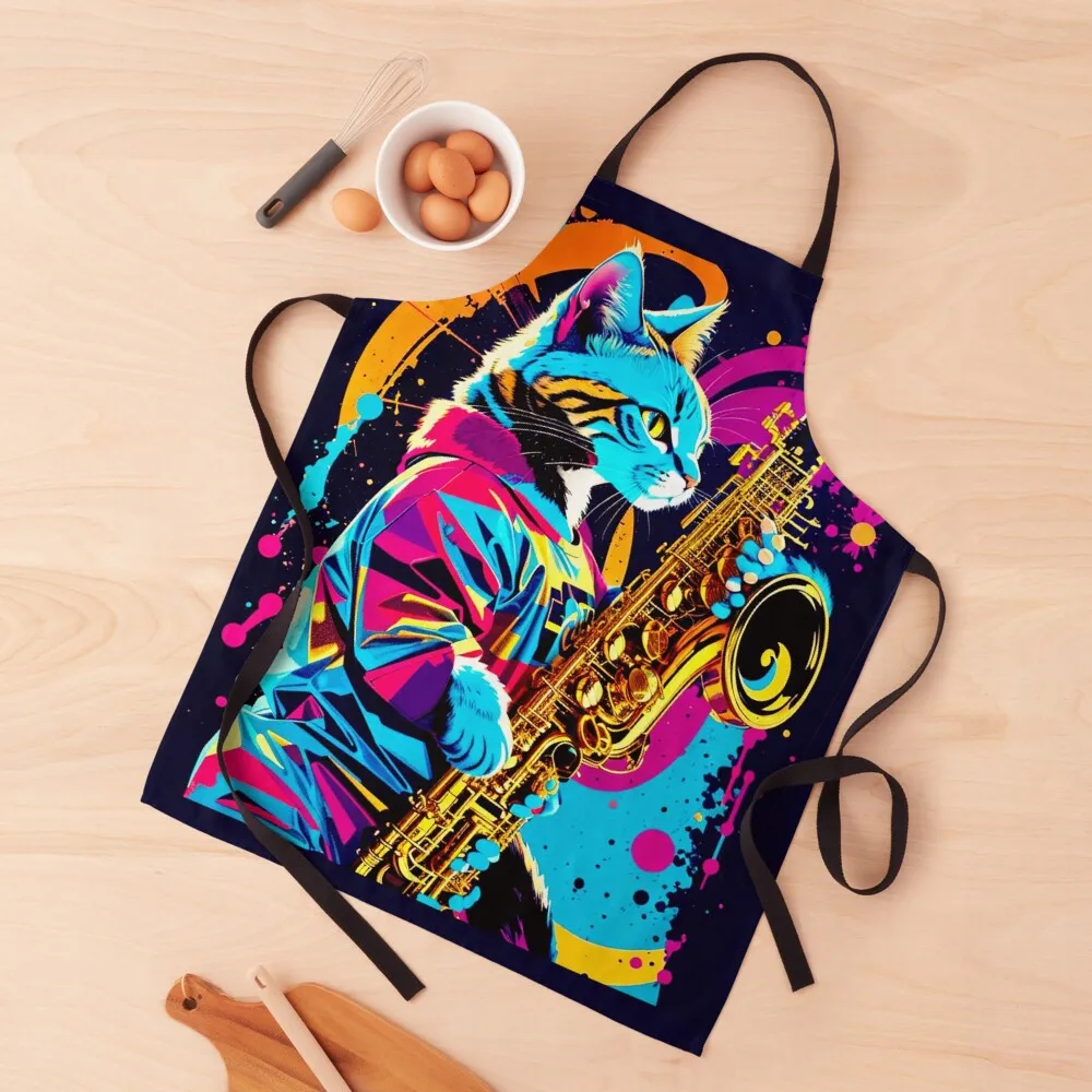 

Colorful Cat Playing Saxophone Apron Kitchen Tools Household Items Kitchen Special Accessories Apron