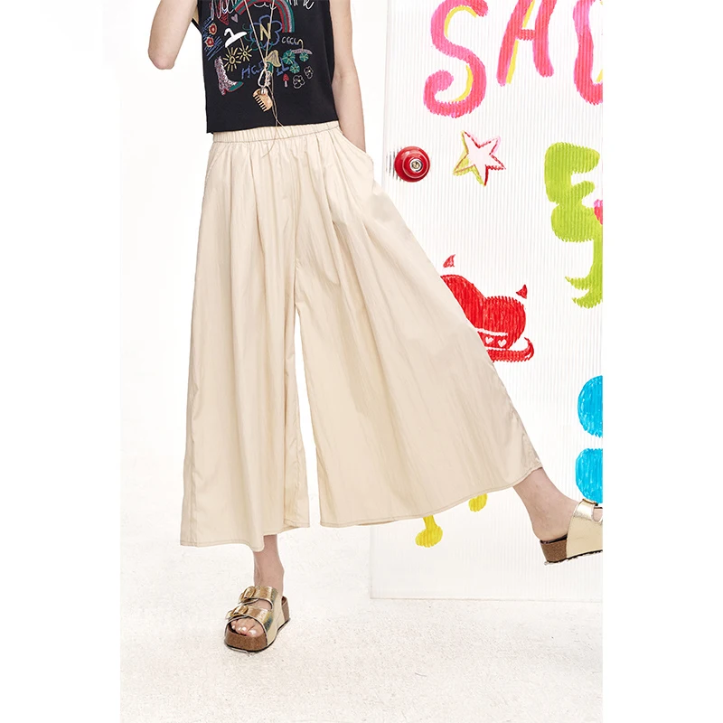 ELFSACK Elastic Waist Pleated Side Pocket Wide Leg Cropped Pants for Women