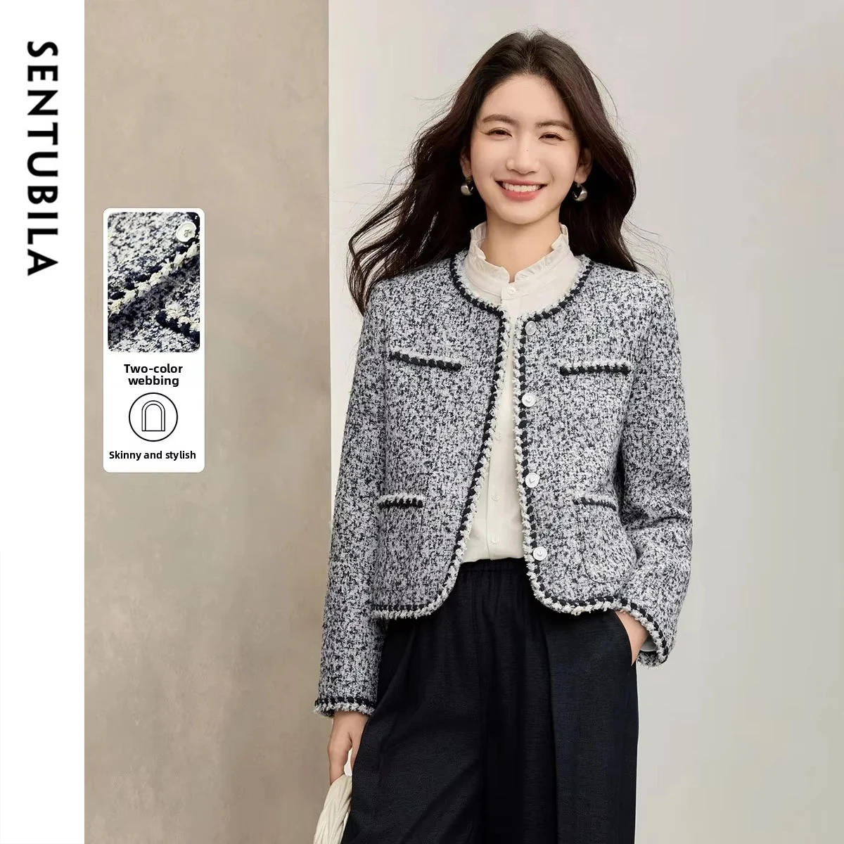 

SENTUBILA женская твидовая куртка 2022, осеннее пальто с подплечниками и длинными рукавами с круглым вырезом, элегантная модная верхняя одежда 153WA2115