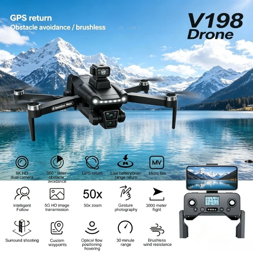 Original V198GPS Mini Foldable GPS Drone Brushless Laser Obstacle Avoidance 8K Dual Camera 5G FPV Optical Flow RC Quadcopter
