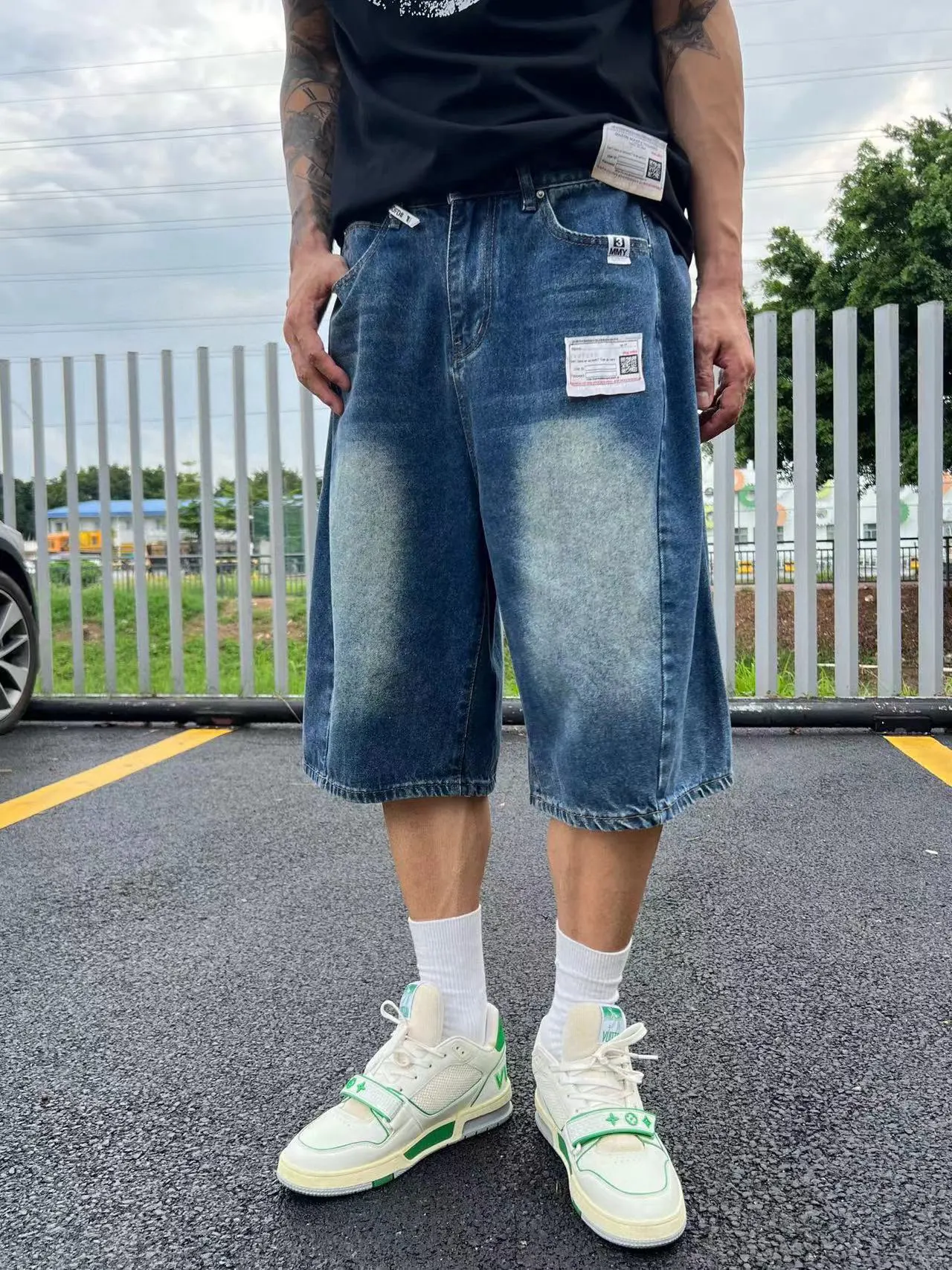 Celana Pendek Denim Longgar Y2K Retro 25ss, Jeans Kaki Lebar, Celana Pendek Denim Dapat Dicuci untuk Pria dan Wanita Hombre Rompa