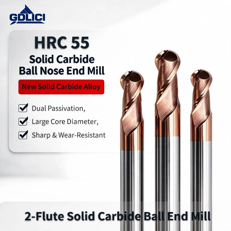 55HRC Bronze Coating 2 Flute Tungsten Steel Ball Nose End Mill, Solid Carbide CNC Milling Cutter for Mold Finishing