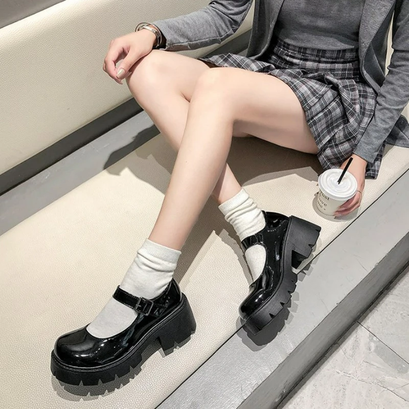 أحذية النساء منصة أحذية من الجلد أسود عالية الكعب الرجعية كعب سميك حذاء كاجوال المرأة حجم كبير أحذية ماري جين Zapatos Mujer #2