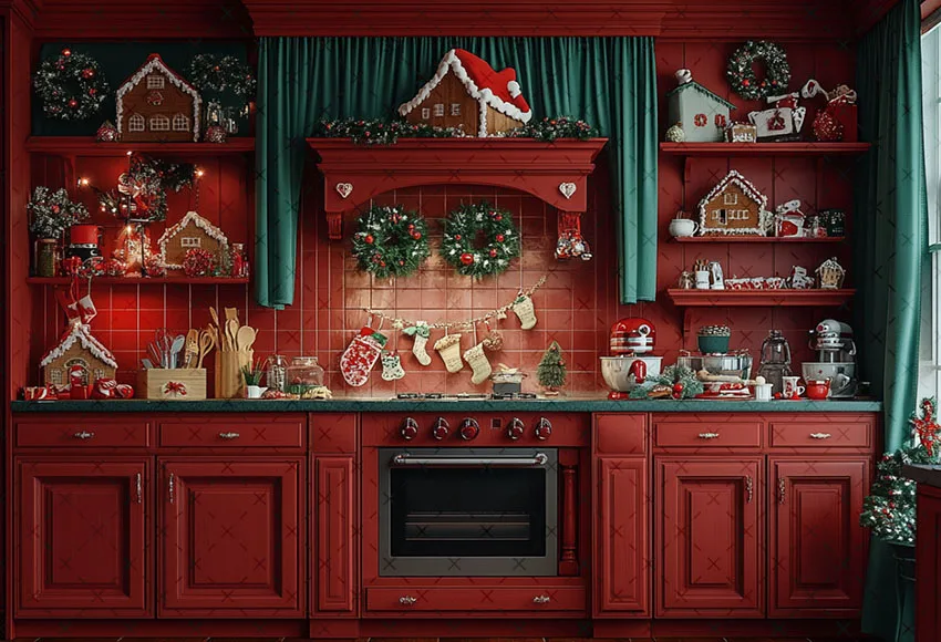 Mehofond التصوير خلفية الشتاء عيد الميلاد الأحمر نافذة المطبخ شجرة عيد الميلاد الاطفال الأسرة صورة ديكور خلفية استوديو الصور