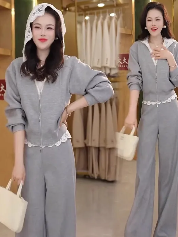 レーススプライスカジュアルスポーツセット レディース 春新作 スタイリッシュ ワイドレッグパンツ ツーピースセット ロングスリーブフーディートップ