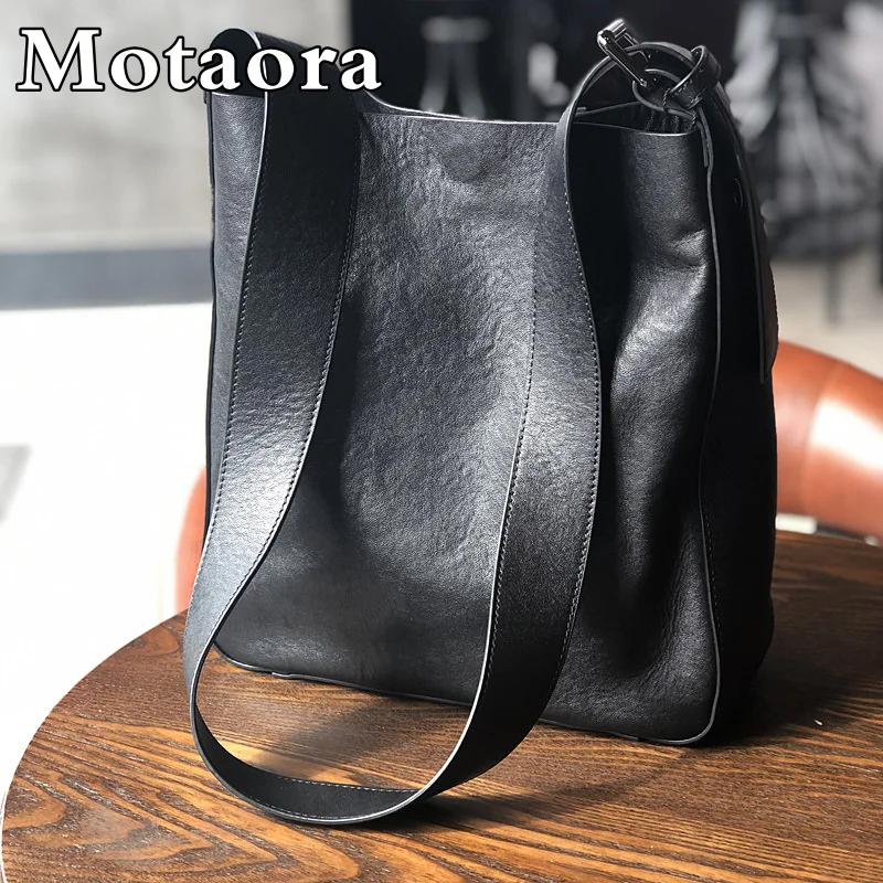 MOTAORA Genuine Leather Crossbody Bags For Women Big Wide Belt Bucket Bags 2024 Luxury Designer Soft Cowhide Ladies Shoulder Bag