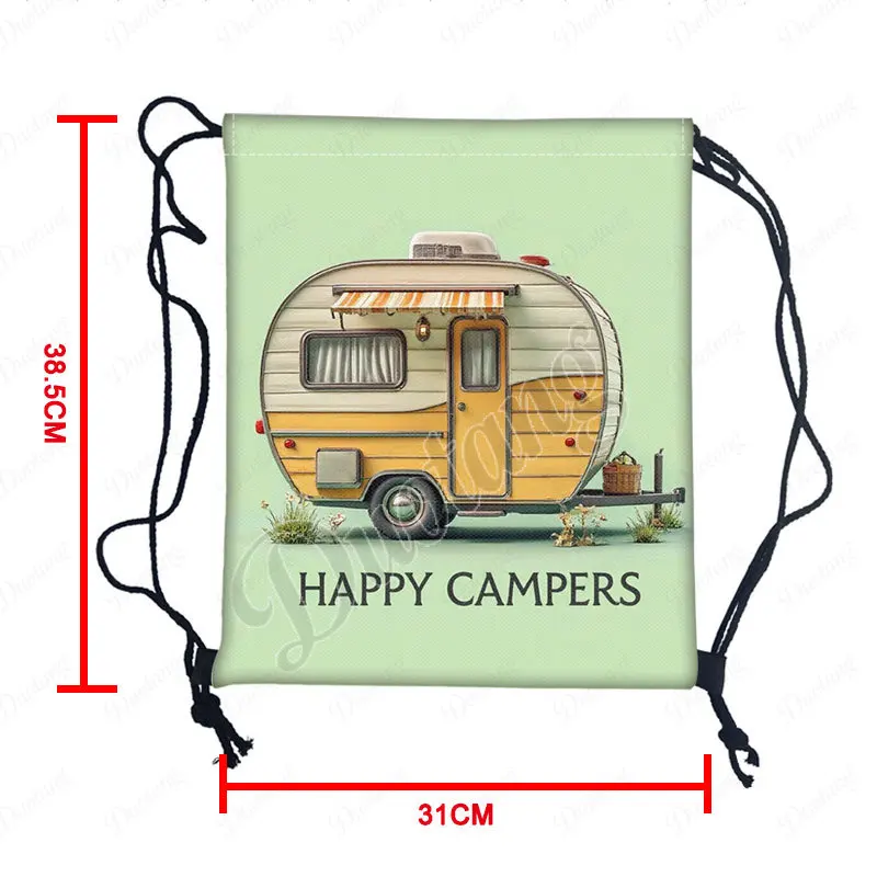 Campervan Happy Camper Graphic Pattern Backpack Recreational Vehicle Drawstring Bag Large Storage Bag Shoe Holder Bookbag