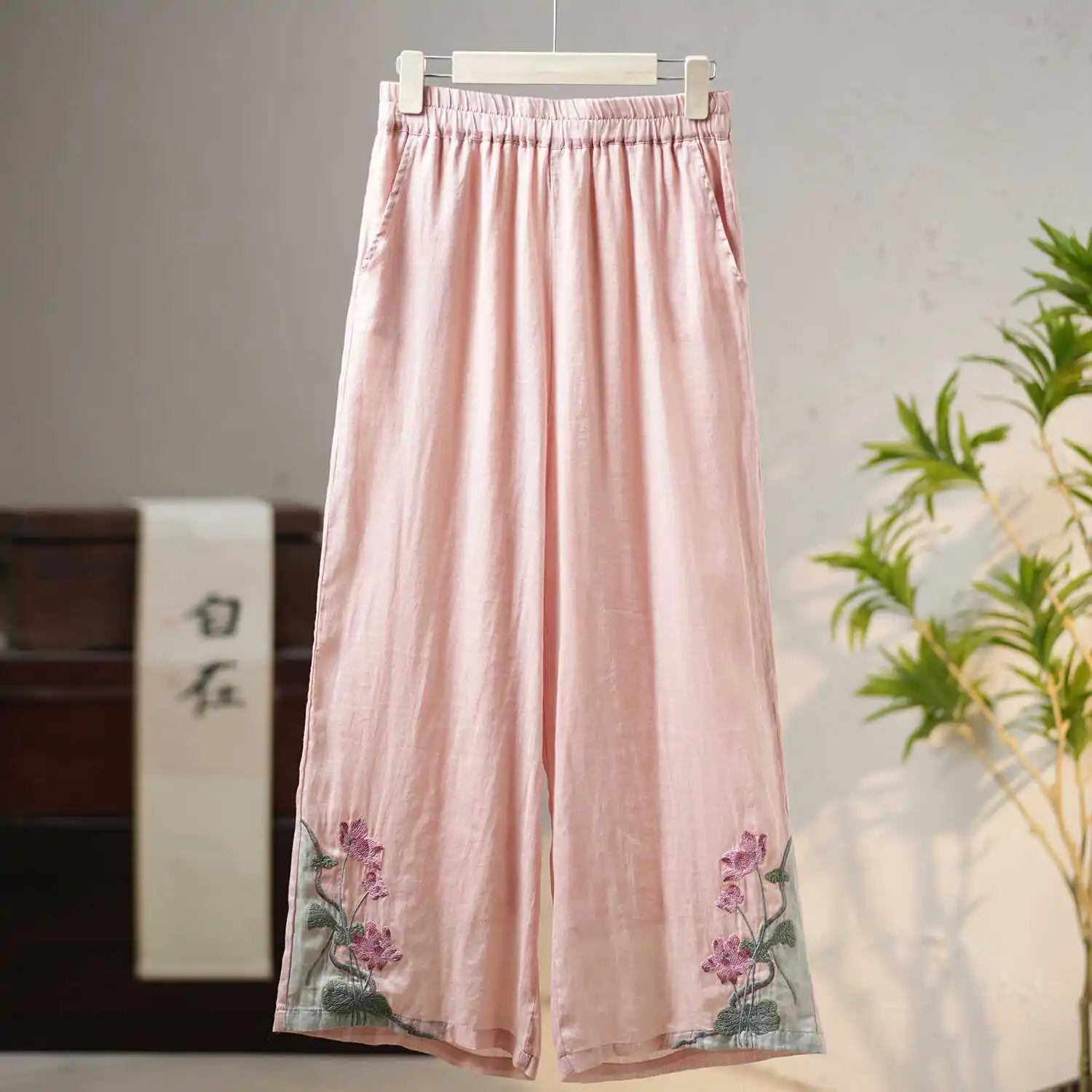 Summer Chinese Style National Style New Women Color Blocked Embroidered Ethnic Cotton Linen Retro Loose Elastic Wide Leg Pants