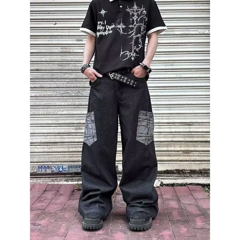 

Мужские черные джинсы в стиле ретро с вышивкой, свободные прямые брюки с широкими штанинами, повседневный стиль, уличный шик