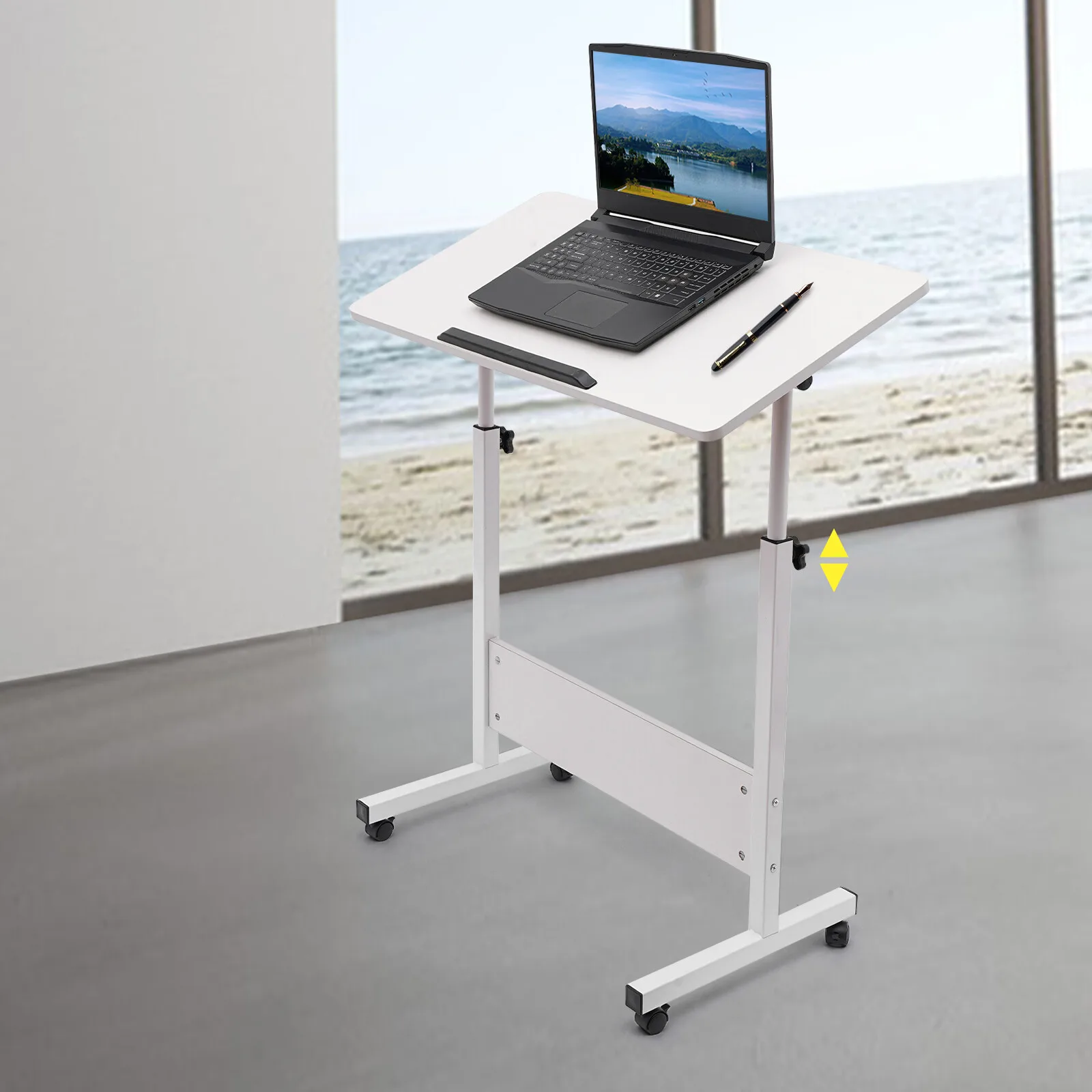 

White Rectangular Adjustable Height Office Rolling Laptop Desk Bracket Bedside Computer Desk Bracket 360° Swivel Wheels