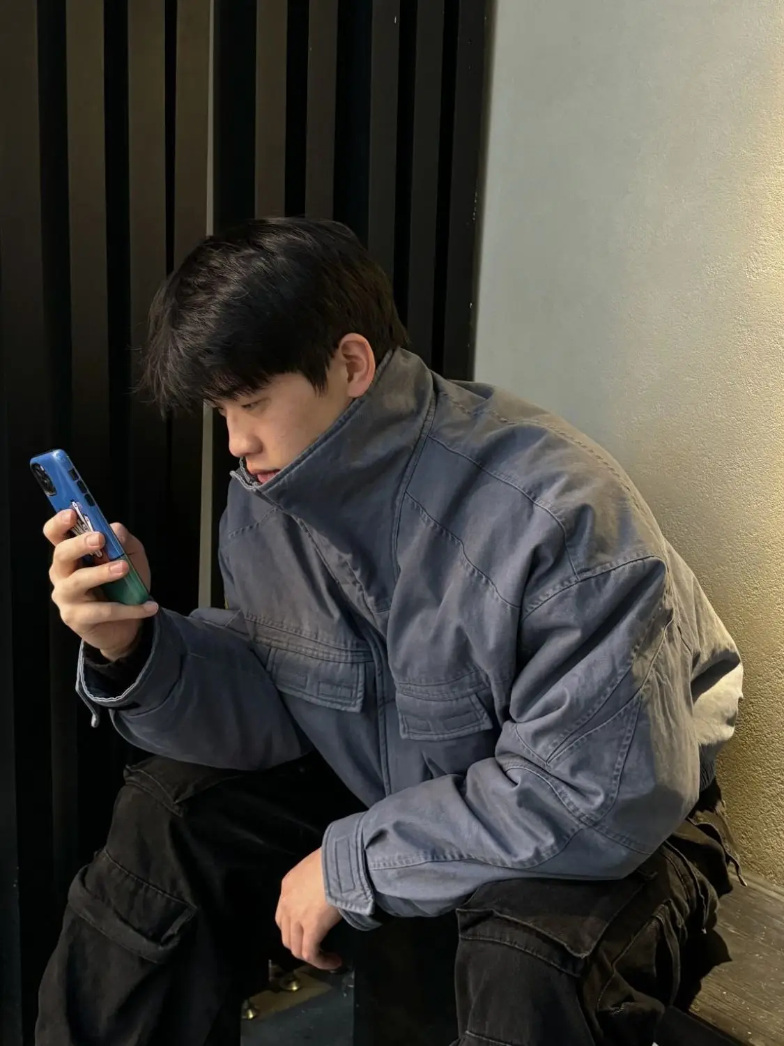 

American street deconstructed design boxy stand-up collar washed mountain carving jacket distressed autumn and winter coat