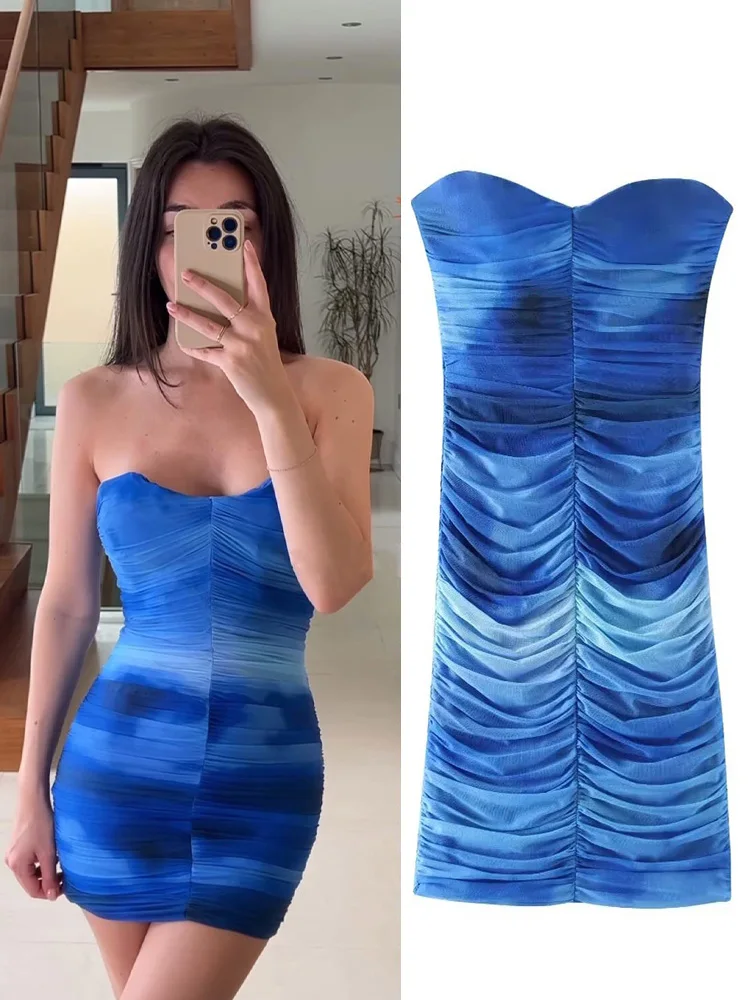 

TRAFZA 2024 Women Blue Tulle Folds Corset Dress Fashion Woman Sexy Sleeveless Backless Tie Dye Mini Dress Beach Dress Traf