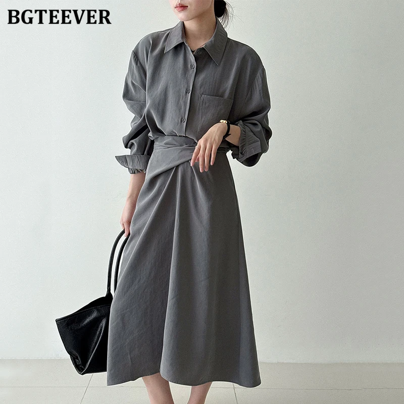 BGTEEVER automne élégant revers à manches longues femme chemise robe élégante taille mince simple boutonnage robe trapèze pour les femmes