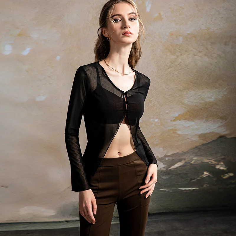 

New 2025 Women's Black Cropped Blouse Worn Shirt Women's Sexy Crop Top Casual Lining