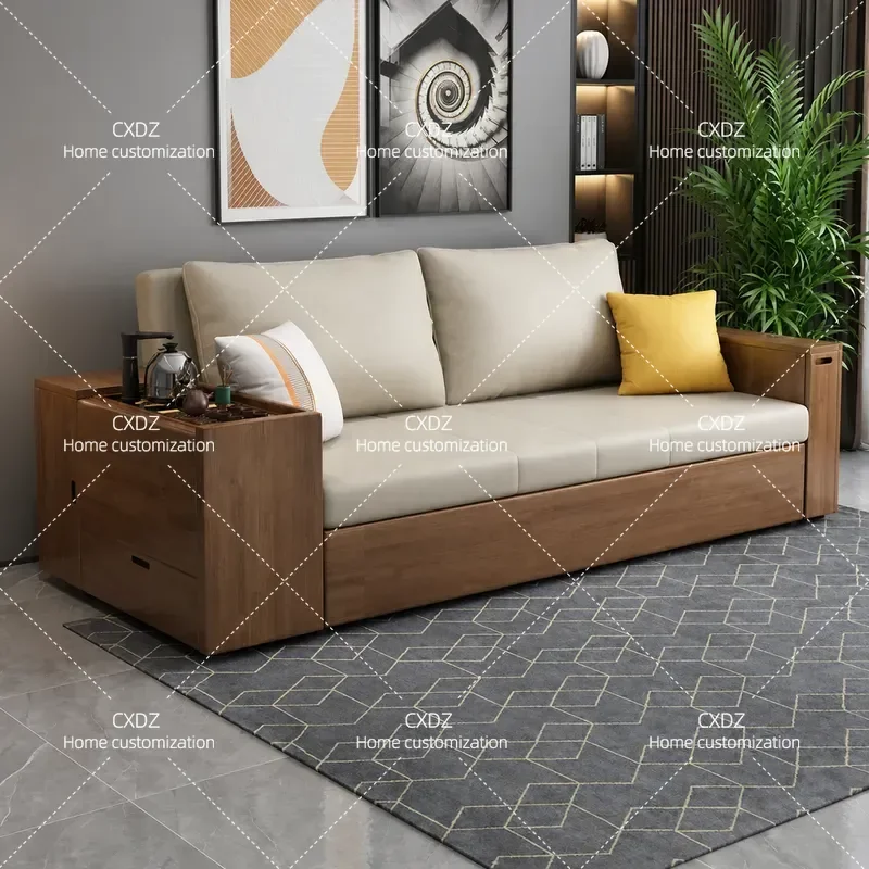 Multifunctional Sofa Bed with Tea Cart Small Apartment Storage Living Room Tech Cloth Solid Wood Folding Dual Purpose Sofa