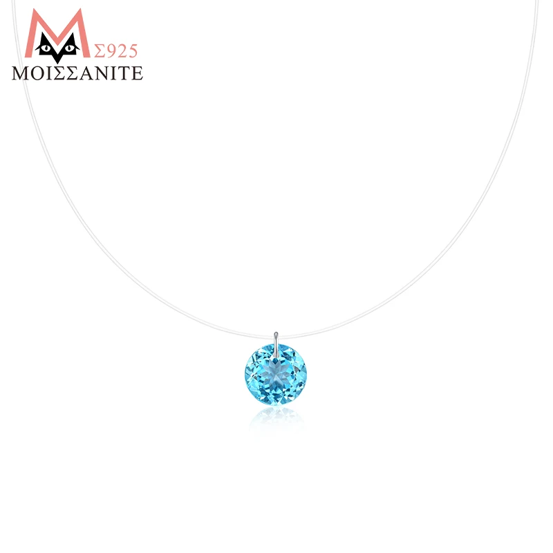 

JIUZUAN 2ct Blue Topaz Necklace S925 Silver Invisible Wire Pendant for Women Minimalist Elegant Jewelry Daily Wear Necklace