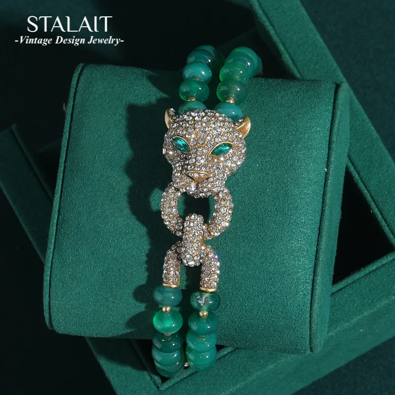 

Vintage Green Beads Bracelet Women Rhinestones Leopard Head Bangles Eye Luxury Brand Gold Color Retro Jewelry Accessories 2025