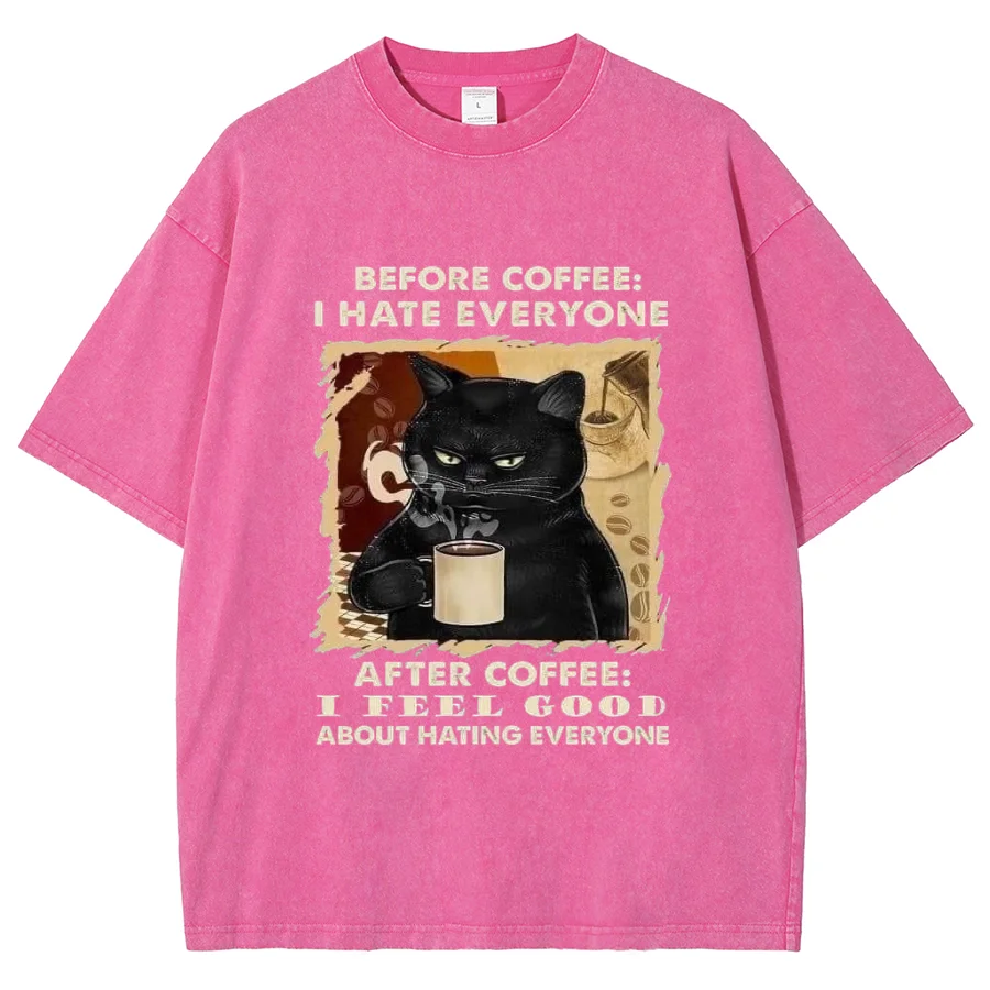 Black Lucky Cat Drinking Coffee Print Unisex T-Shirt Loose Plus Size Oversized Short Sleeve American Vintage Harajuku High Stree image 5