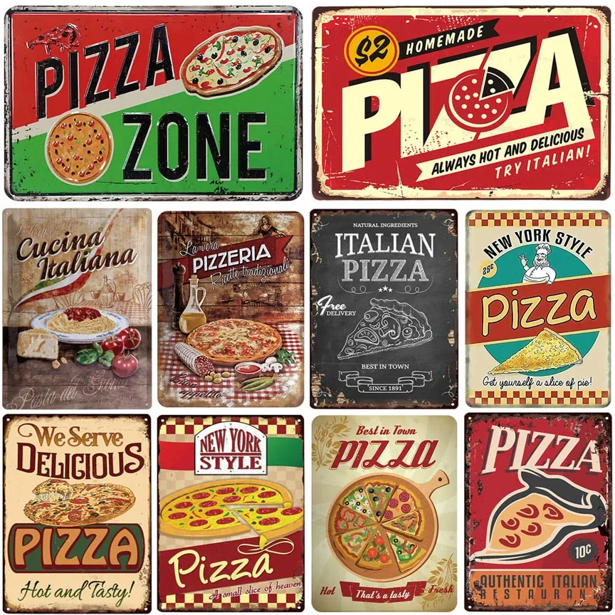 Letrero de Pizza, placa de hojalata Retro, pintura, imagen de Metal Vintage, decoración de pared para Pizzeria, restaurante, comedor