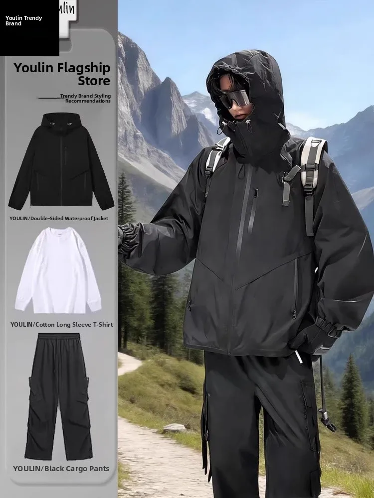 

Bla Double-Sided Men's Outdoor Climbing Jaet Soft ell Waterproof Casual Sportswear Set Cool Sli Youth Faion